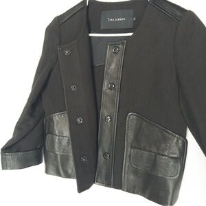 TARA JARMON Wool Leather Jacket Womens Size 38 US 6 M Cropped Snap Blazer
